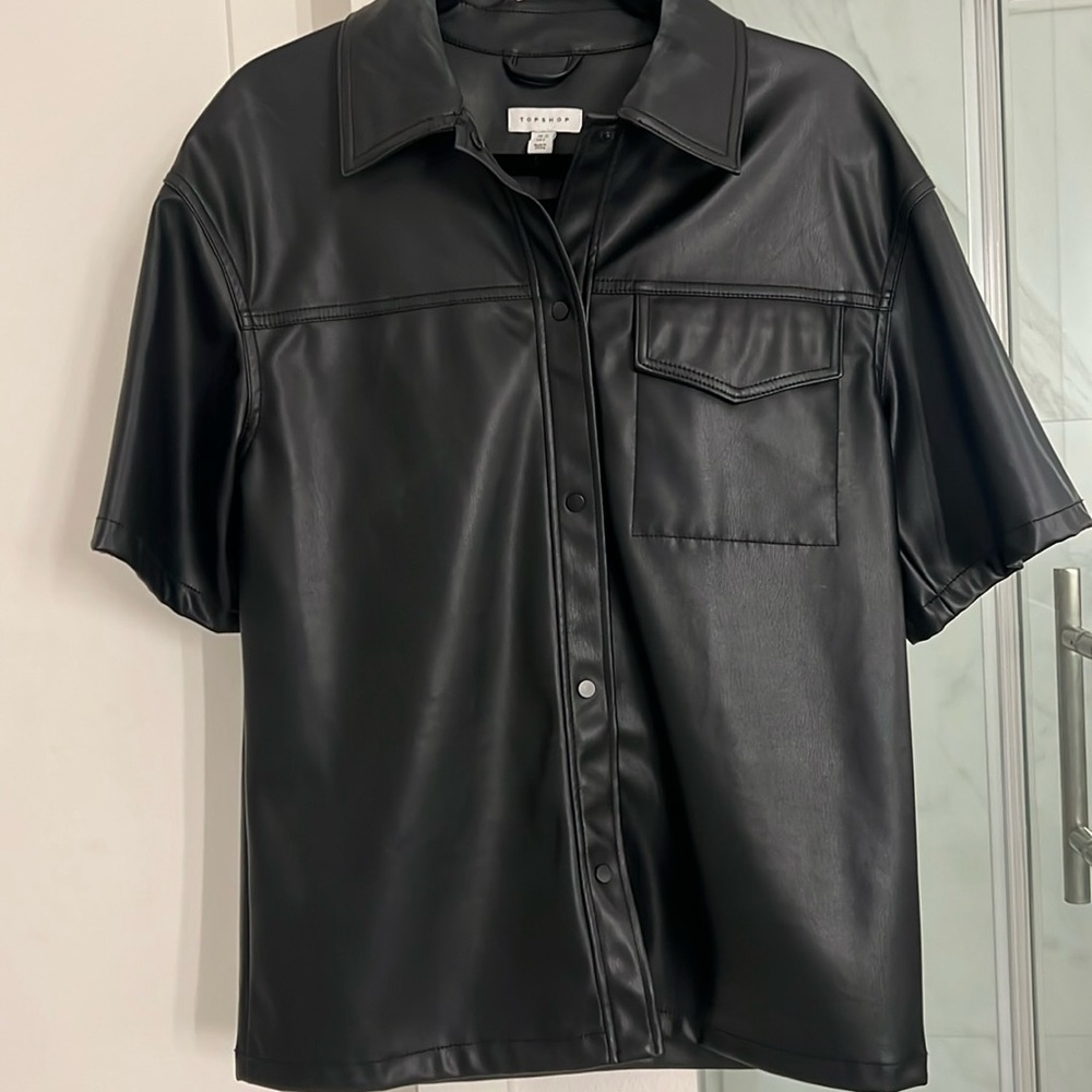 Top Shop faux leather short sleeve button up.